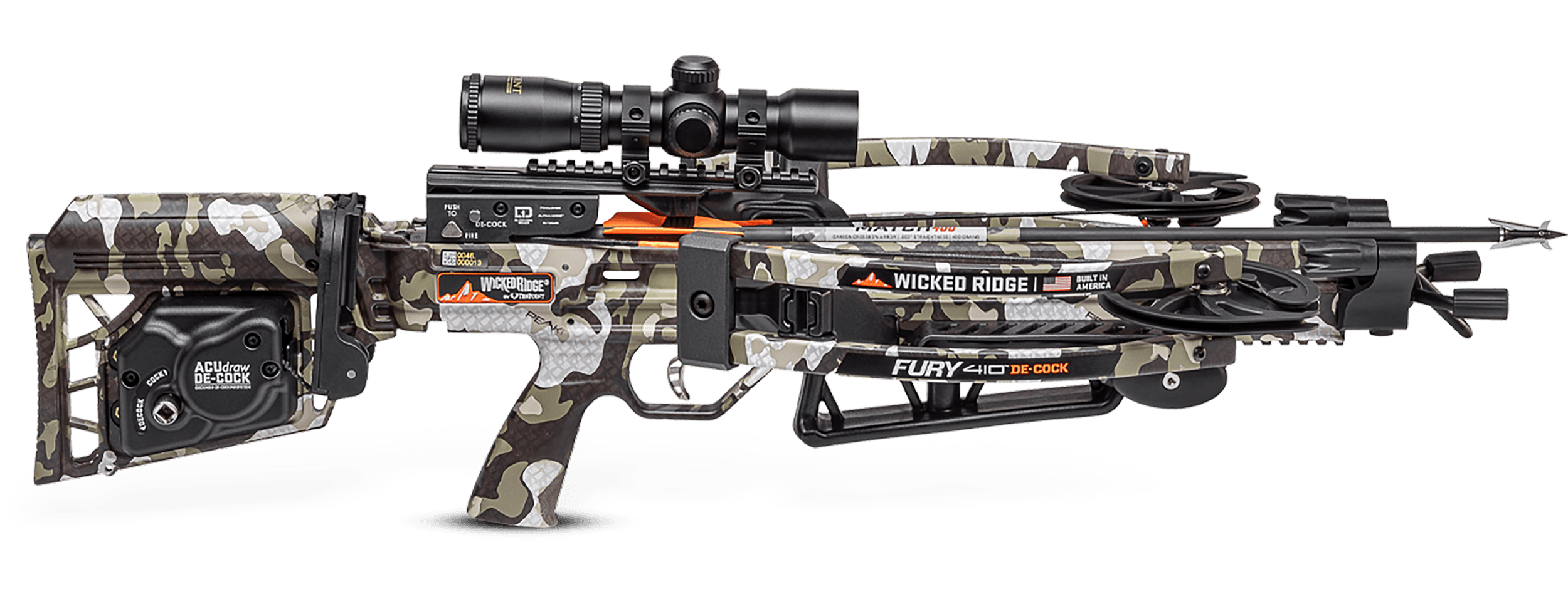 Wicked Ridge Fury 410 Camo Crossbow with ACUDRAW De-Cock